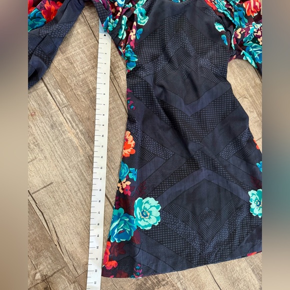 Womens Floral Mini Dress Small | Navy Balloon Sleeve Dress | Tie Back - Picture 6 of 8